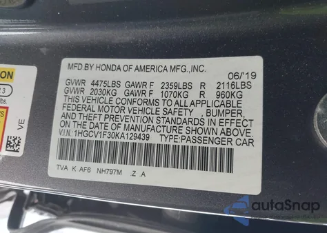 2019 Honda Accord Sport from USA, damaged, VIN 1HGCV1F30KA129439